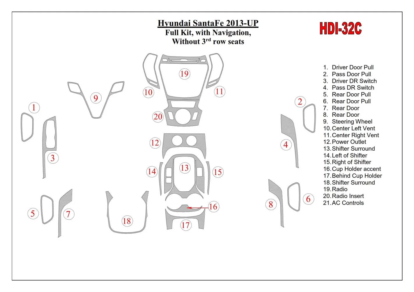 Hyundai Santa Fe 2013-UP Full Set, With NAVI, Without 3 row seats Cruscotto BD Rivestimenti interni