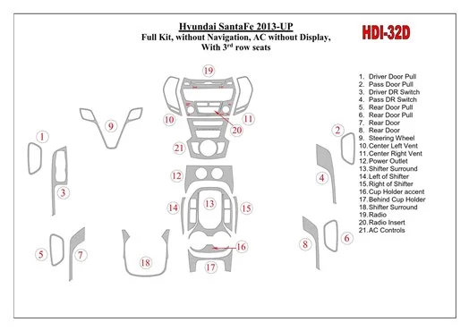 Hyundai Santa Fe 2013-UP Full Set, Without NAVI, Climate-Control Without Display, With 3 row seats BD Interieur Dashboard Bekled