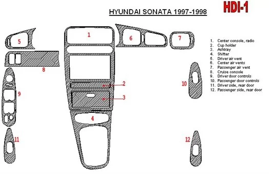 Hyundai Sonata 1997-1998 Full Set, 12 Parts set Interior BD Dash Trim Kit