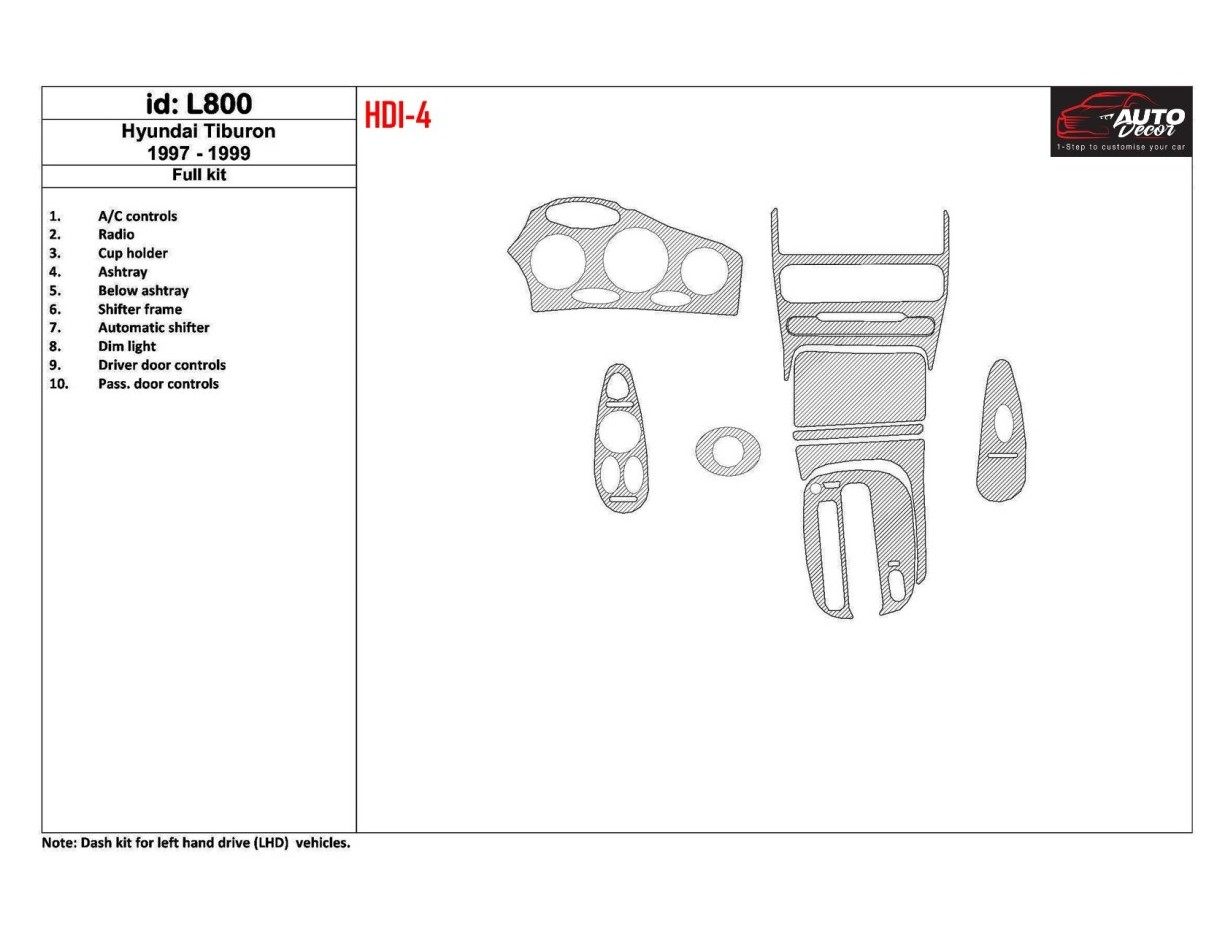 Hyundai Tiburon 1997-1999 Voll Satz, 10 Parts set BD innenausstattung armaturendekor cockpit dekor - 1- Cockpit Dekor Innenraum