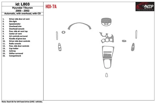 Hyundai Tiburon 2000-2002 Boîte automatique, Avec CD, 16 Parts set BD Kit la décoration du tableau de bord - 1 - habillage decor