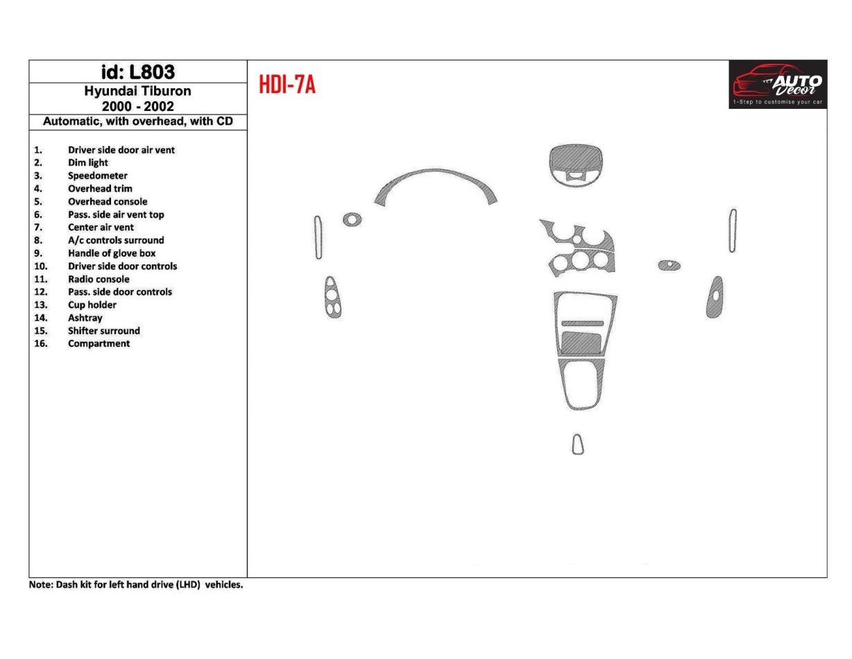 Hyundai Tiburon 2000-2002 Automatic Gearbox, With CD, 16 Parts set BD innenausstattung armaturendekor cockpit dekor - 1- Cockpit