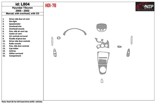 Hyundai Tiburon 2000-2002 boîte manuellebox, Avec CD, 16 Parts set BD Kit la décoration du tableau de bord - 1 - habillage decor