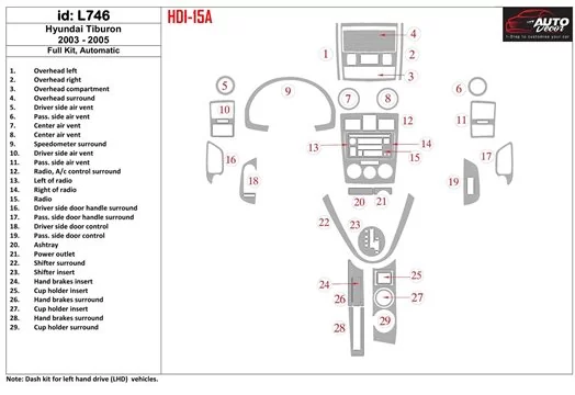 Hyundai Tiburon 2003-2005 Full Set, Automatic Gearbox Cruscotto BD Rivestimenti interni