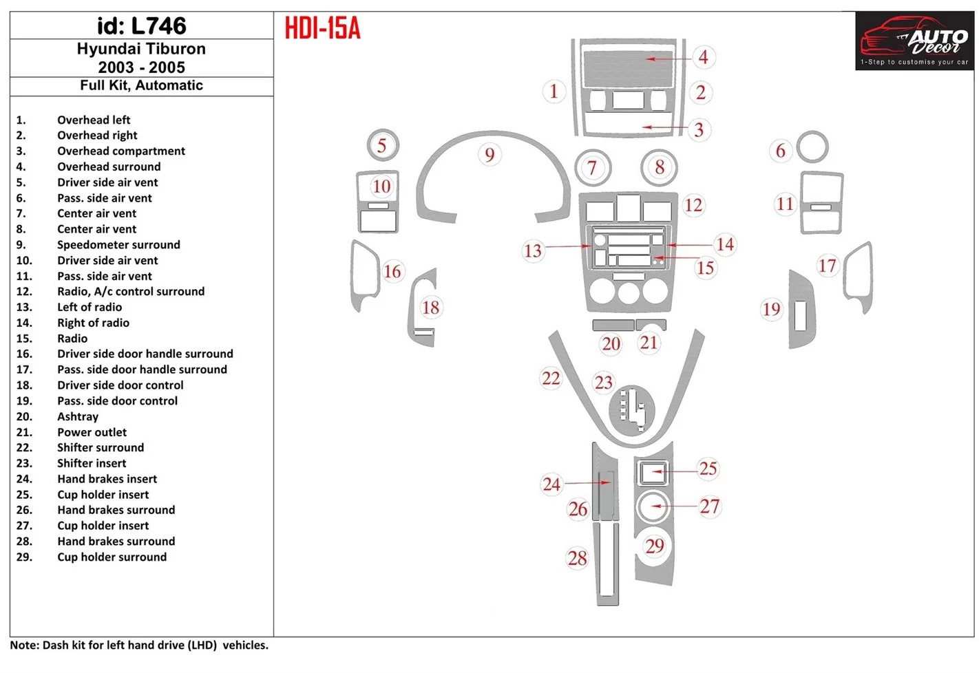 Hyundai Tiburon 2003-2005 Full Set, Automatic Gearbox BD Interieur Dashboard Bekleding Volhouder