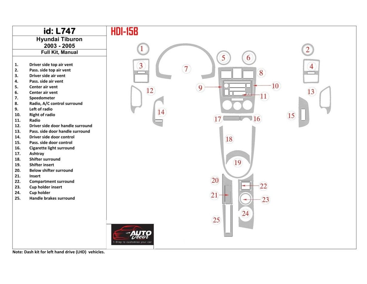 Hyundai Tiburon 2003-2005 Ensemble Complet, boîte manuellebox BD Kit la décoration du tableau de bord - 1 - habillage decor de t