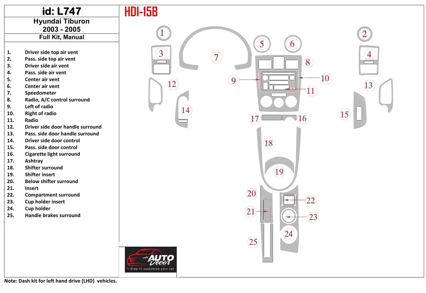 Hyundai Tiburon 2003-2005 Full Set, Manual Gearbox BD Interieur Dashboard Bekleding Volhouder