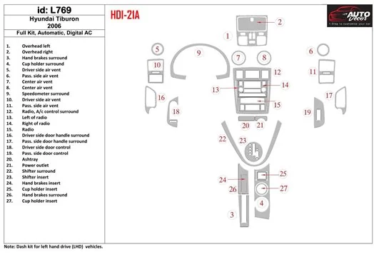 Hyundai Tiburon 2006-2006 Ensemble Complet, Auto, Automatic AC BD Kit la décoration du tableau de bord - 1 - habillage decor de 