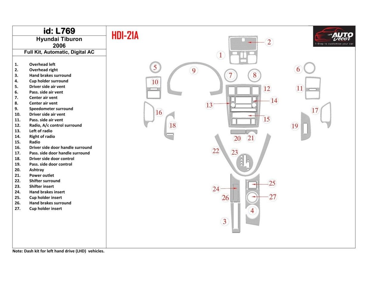 Hyundai Tiburon 2006-2006 Ensemble Complet, Auto, Automatic AC BD Kit la décoration du tableau de bord - 1 - habillage decor de 