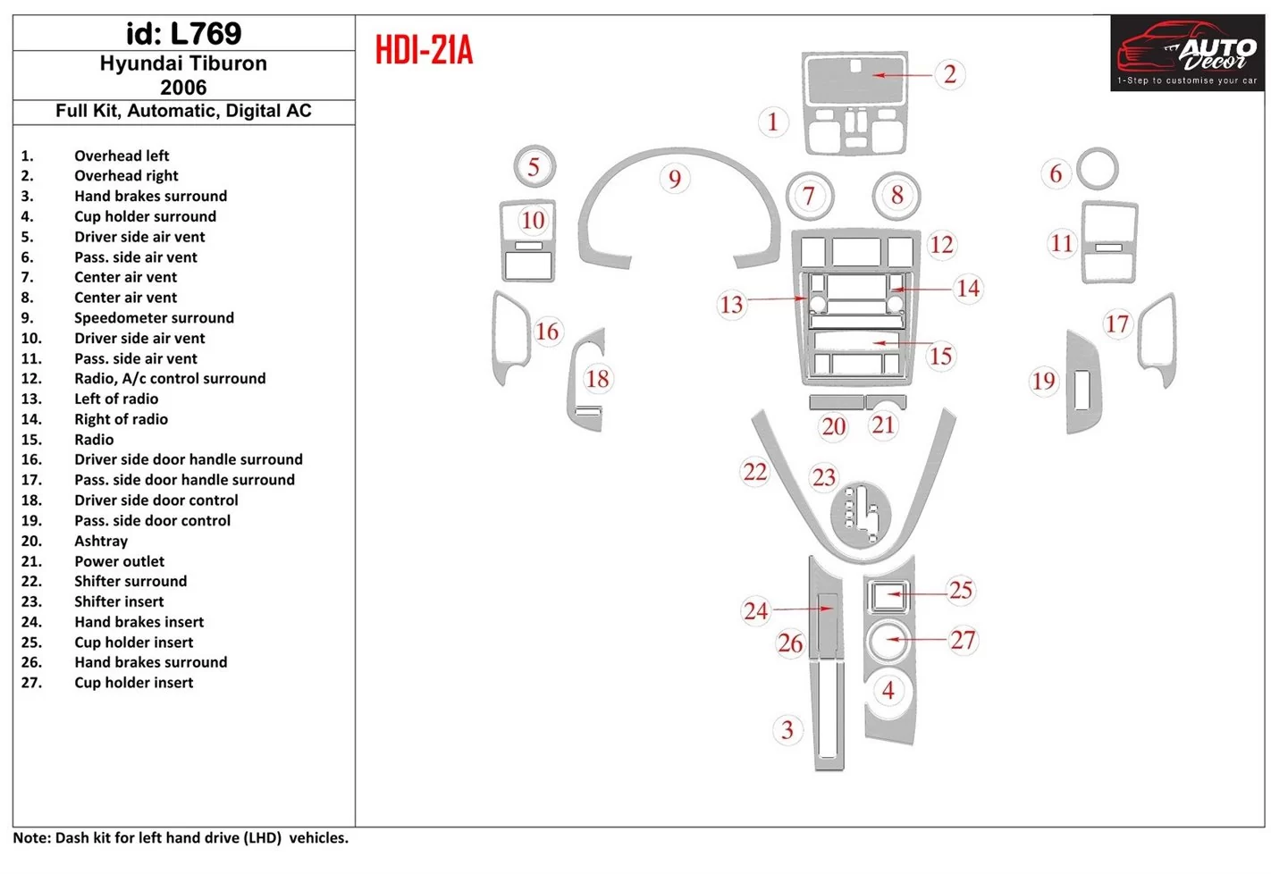 Hyundai Tiburon 2006-2006 Ensemble Complet, Auto, Automatic AC BD Kit la décoration du tableau de bord - 1 - habillage decor de 