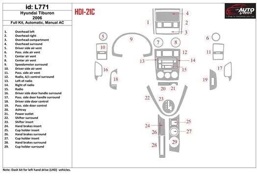 Hyundai Tiburon 2006-2006 Full Set, Auto, Manual Gearbox AC BD Interieur Dashboard Bekleding Volhouder