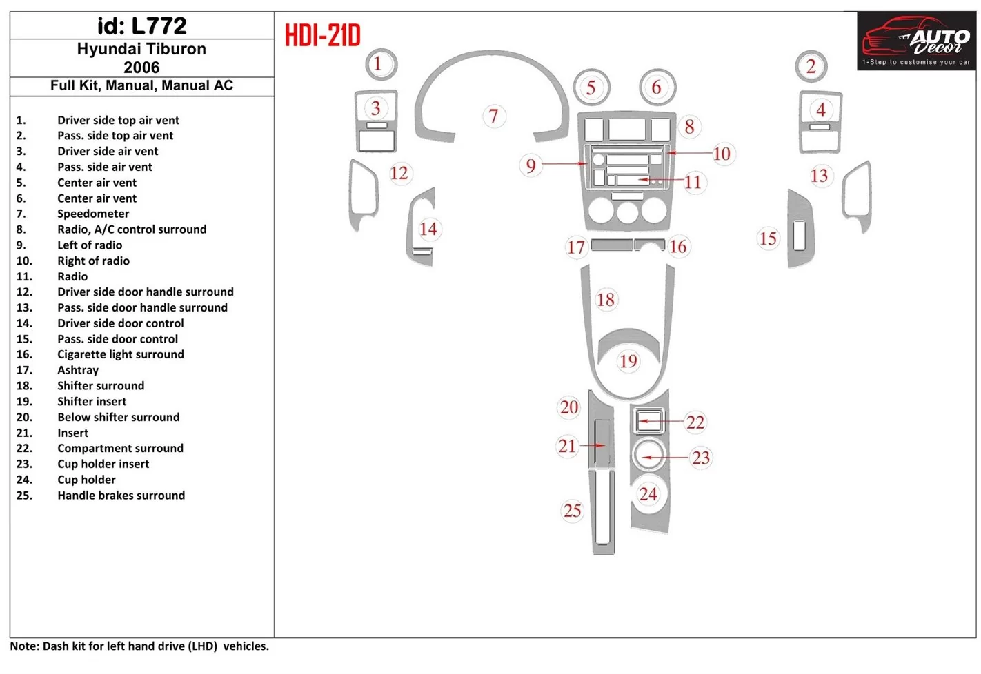 Hyundai Tiburon 2006-2006 Full Set, Manual Gearbox, Manual Gearbox AC Cruscotto BD Rivestimenti interni