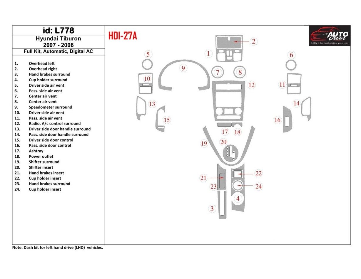 Hyundai Tiburon 2007-2008 Ensemble Complet, Boîte automatique, Automatic AC BD Kit la décoration du tableau de bord - 1 - habill