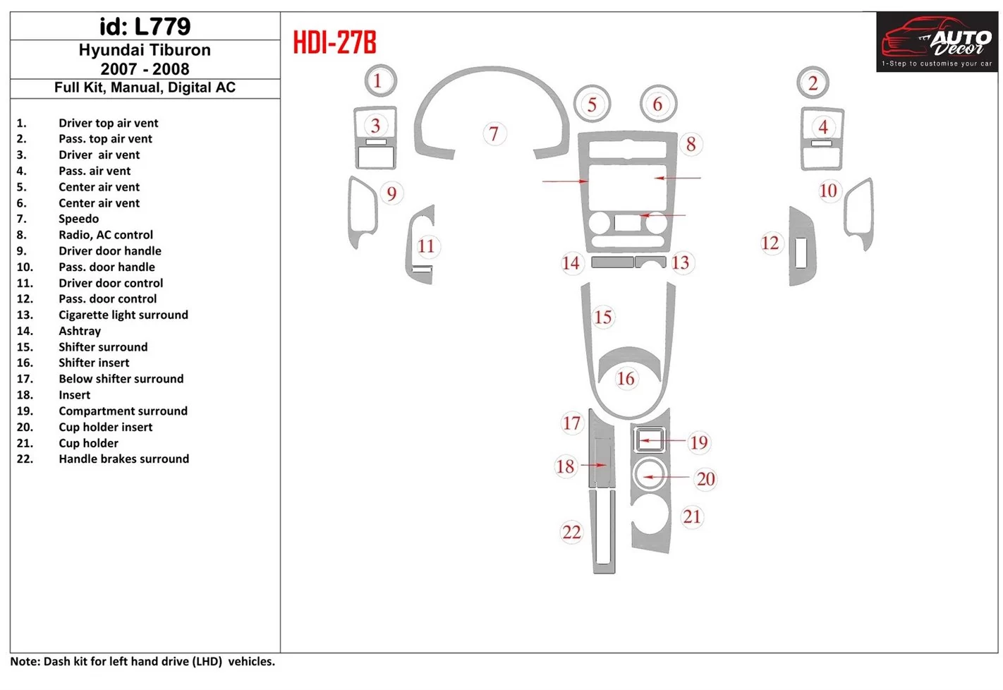 Hyundai Tiburon 2007-2008 Full Set, Manual Gear Box, Automatic AC BD Interieur Dashboard Bekleding Volhouder