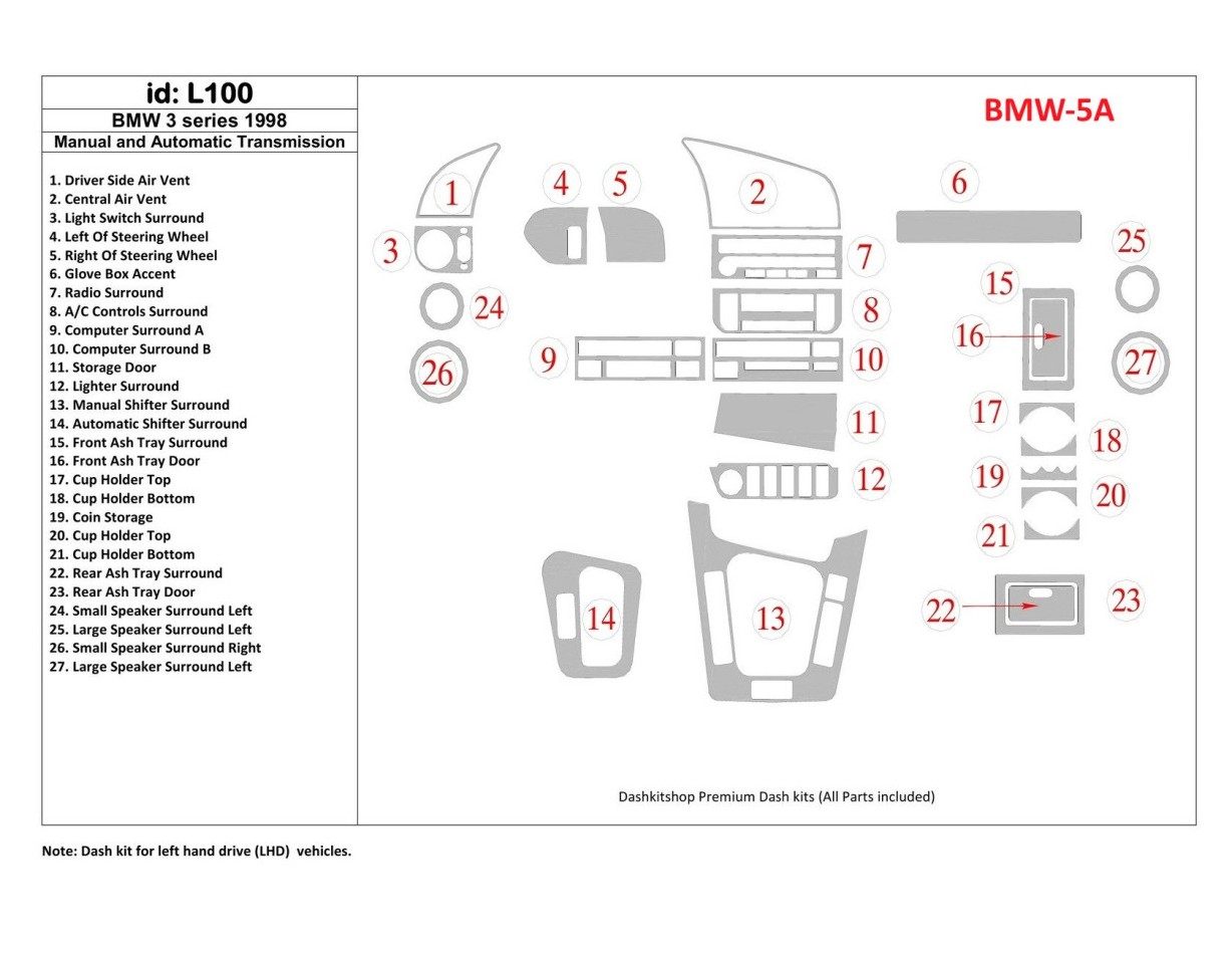 BMW 3 1998-1998 Manual Gearbox & Automatic Gear, 27 Parts set BD Interieur Dashboard Bekleding Volhouder