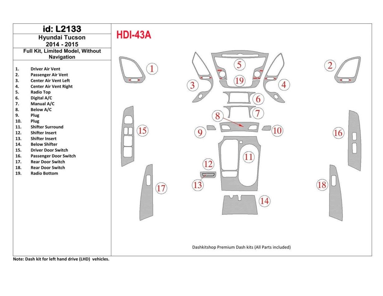 Hyundai Tucson 2014-2015 Ensemble Complet, Sans NAVI, GLS Model BD Kit la décoration du tableau de bord - 1 - habillage decor de