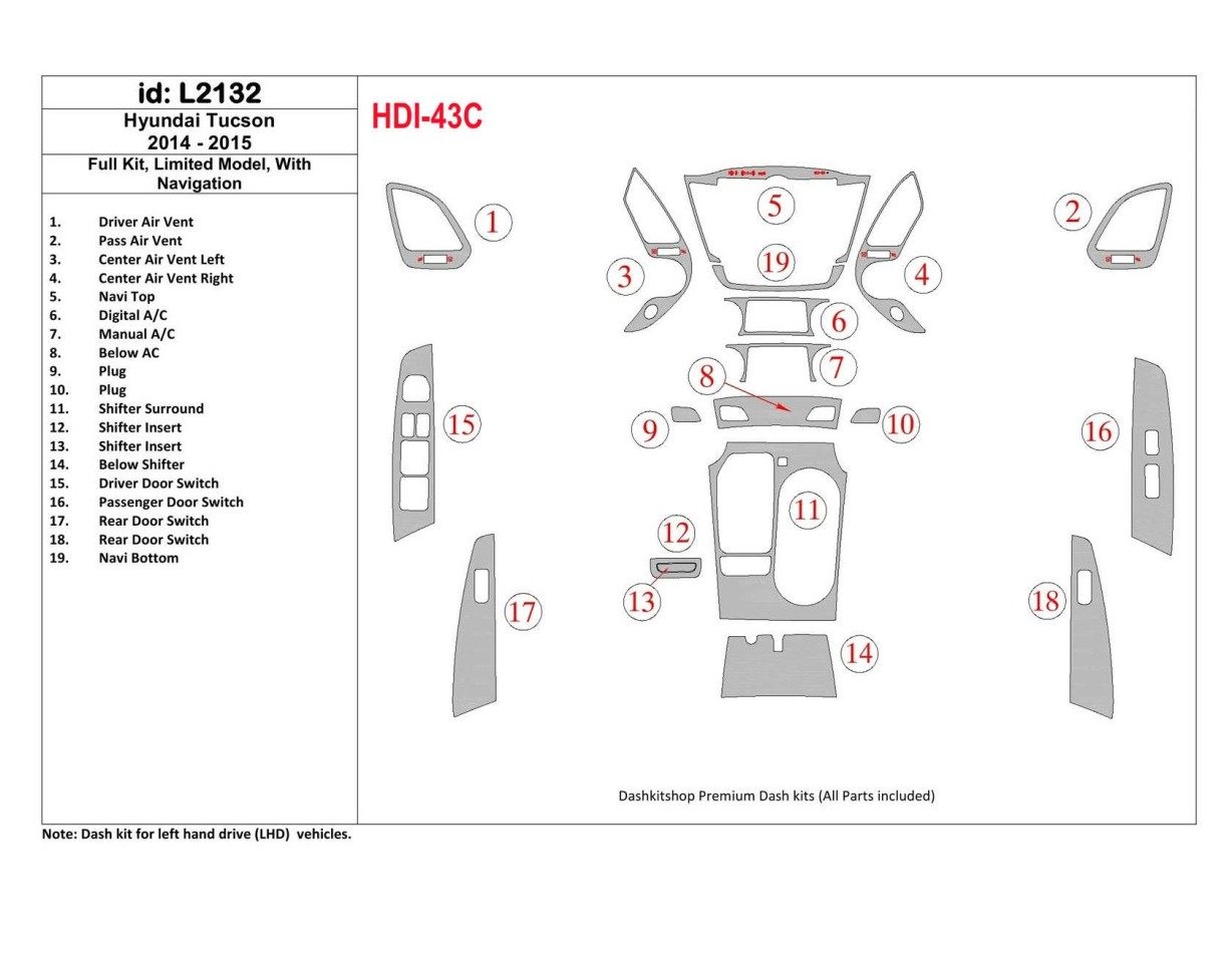 Hyundai Tucson 2014-2015 Ensemble Complet, Sans NAVI, Limited Model BD Kit la décoration du tableau de bord - 1 - habillage deco