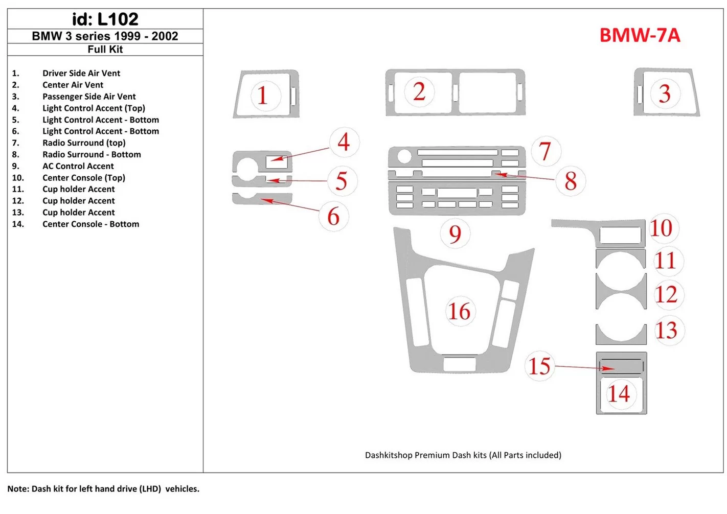 BMW 3 1999-2002 Full Set BD Interieur Dashboard Bekleding Volhouder