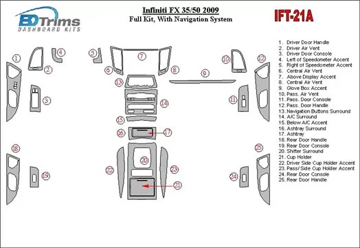 Infiniti FX 2009-2009 Full Set Cruscotto BD Rivestimenti interni