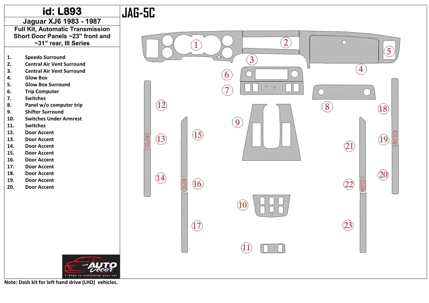 Jaguar XJ6 1983-1987 Ensemble Complet, Boîte automatique, Door panels 23', Rear Panels 31' BD Kit la décoration du tableau de bo