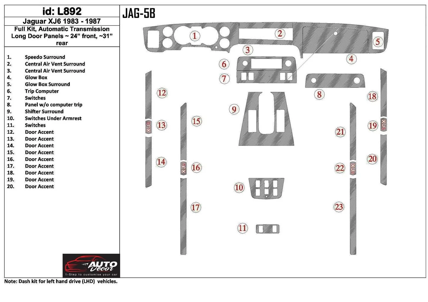 Jaguar XJ6 1983-1987 Cruscotto BD Rivestimenti interni