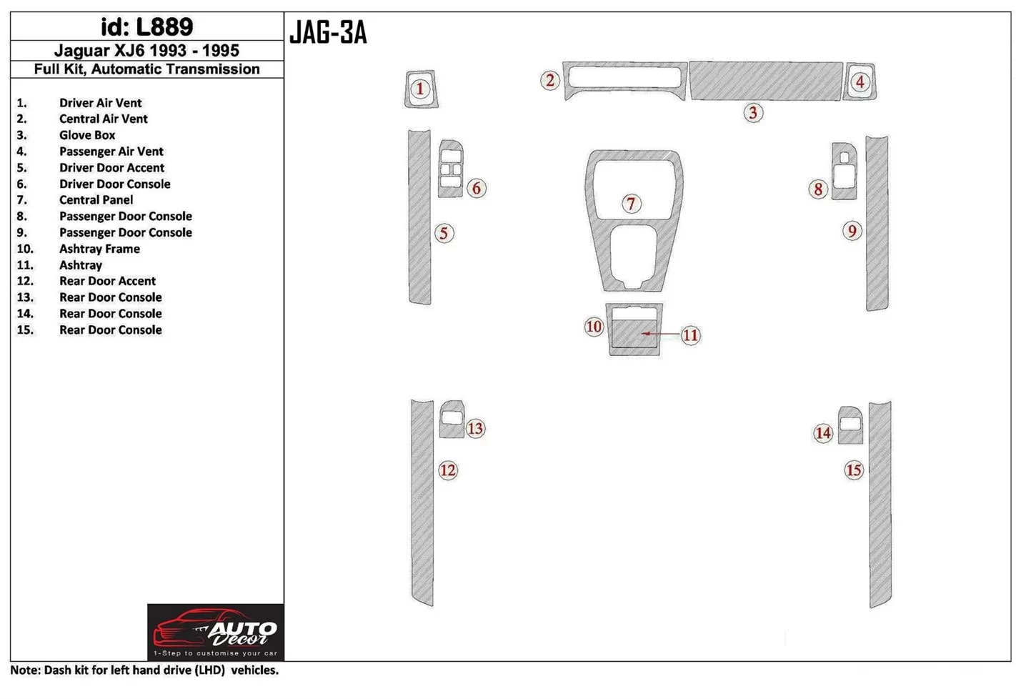 Jaguar XJ6 1993-1995 Ensemble Complet, Boîte automatique BD Kit la décoration du tableau de bord - 1 - habillage decor de tablea