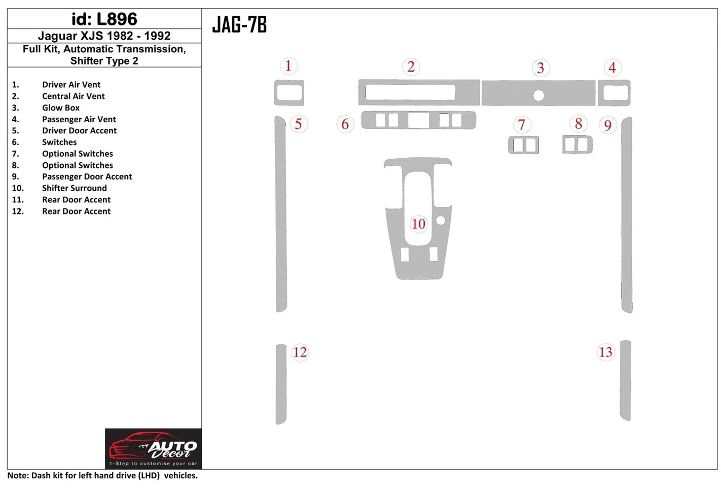 Jaguar XJS 1982-1992 Full Set, Automatic Gear, Shifter Type 2 BD Interieur Dashboard Bekleding Volhouder