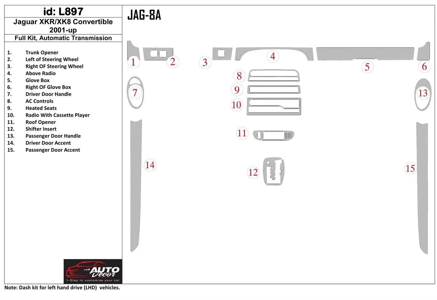 Jaguar XKR/XK8 2001-UP Voll Satz, Automatic Gear BD innenausstattung armaturendekor cockpit dekor - 1- Cockpit Dekor Innenraum