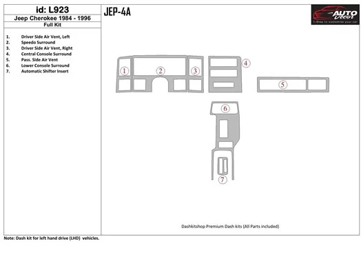 Jeep Cherokee 1984-1996 Full Set BD Interieur Dashboard Bekleding Volhouder