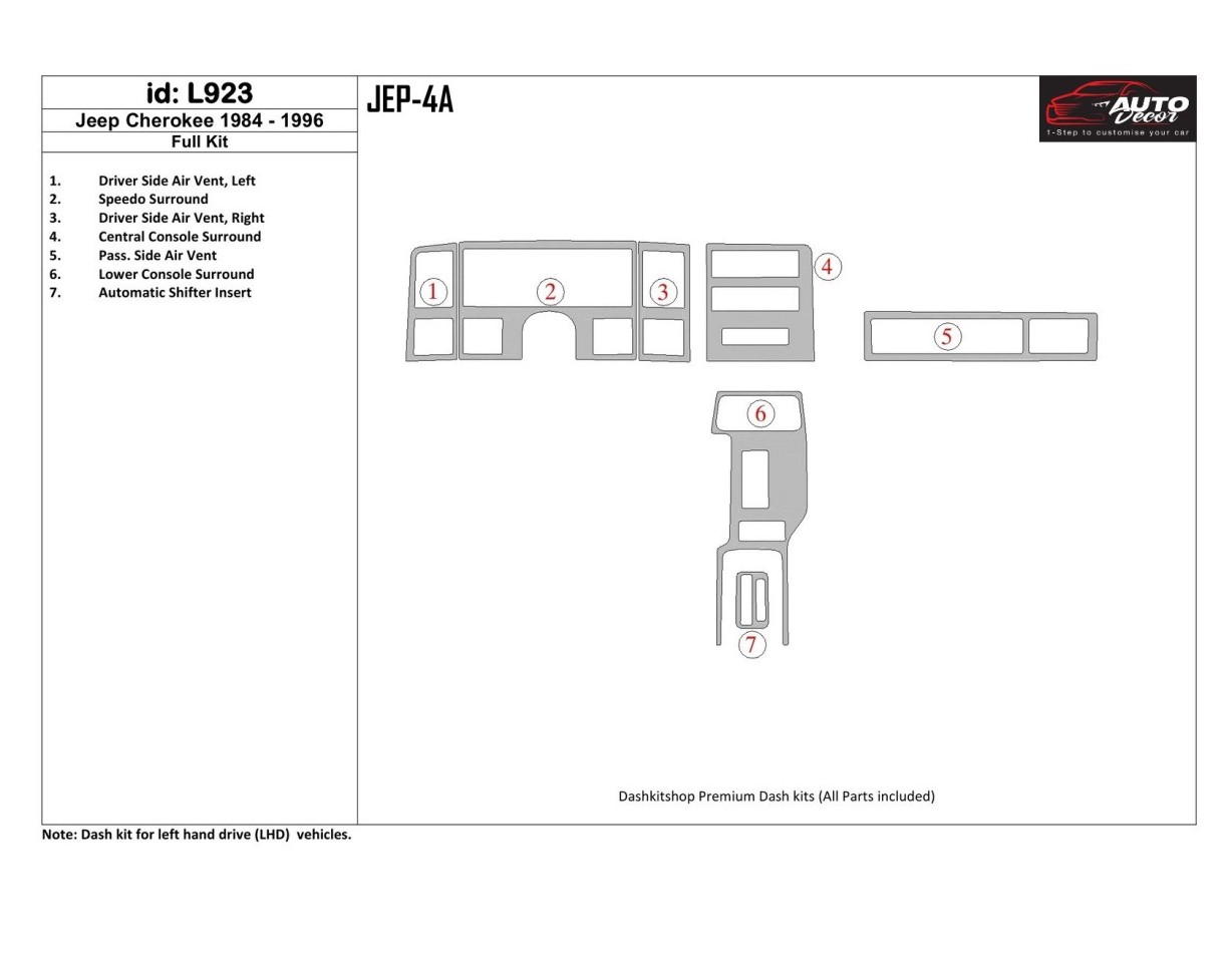 Jeep Cherokee 1984-1996 Voll Satz BD innenausstattung armaturendekor cockpit dekor - 1- Cockpit Dekor Innenraum