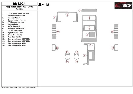 Jeep Cherokee 1997-2001 Ensemble Complet, Boîte automatique BD Kit la décoration du tableau de bord - 1 - habillage decor de tab