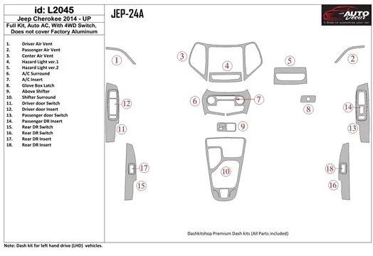 Jeep Cherokee 2014-UP Ensemble Complet, Climate-Control BD Kit la décoration du tableau de bord - 1 - habillage decor de tableau