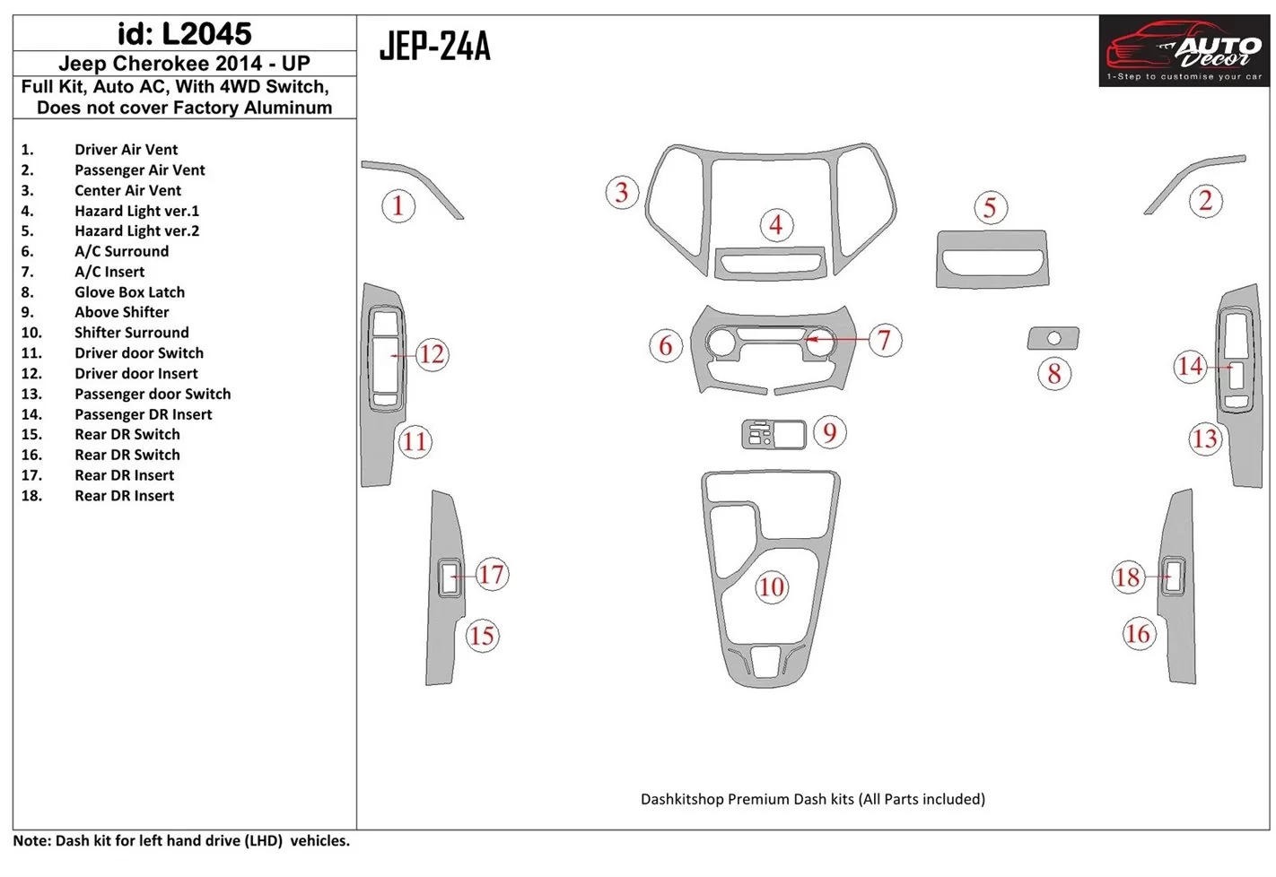 Jeep Cherokee 2014-UP Ensemble Complet, Climate-Control BD Kit la décoration du tableau de bord - 1 - habillage decor de tableau