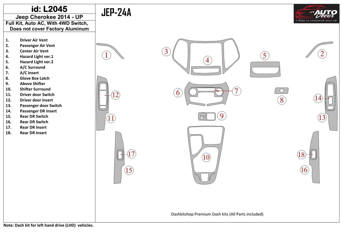 Jeep Cherokee 2014-UP Full Set, Climate-Control Interior BD Dash Trim Kit