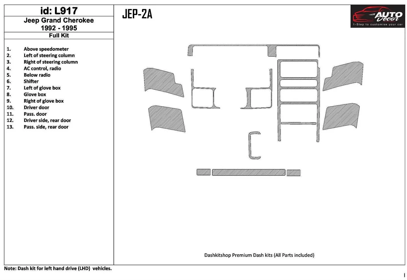 Jeep Grand Cherokee 1992-1995 Ensemble Complet, 13 Parts set BD Kit la décoration du tableau de bord - 1 - habillage decor de ta