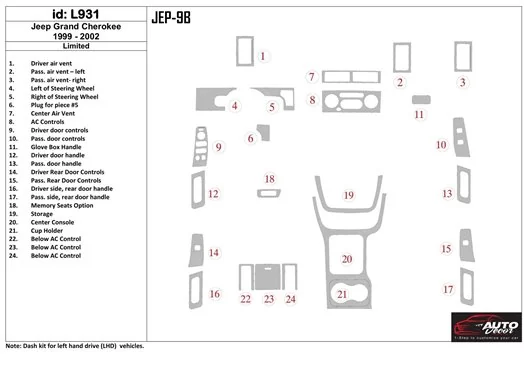 Jeep Grand Cherokee 1999-2002 Paquet de base BD Kit la décoration du tableau de bord - 1 - habillage decor de tableau de bord