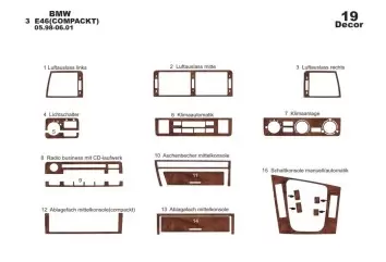 BMW 3er E46 Compact 04.98-12.04 3M 3D Innenverkleidung Dashboard Trim Kit Dash Trim Dekor 19-teilig