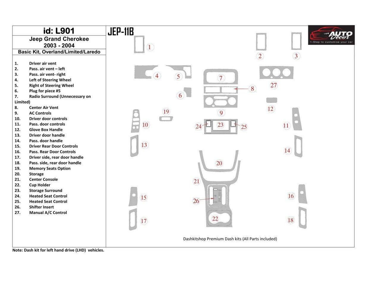 Jeep Grand Cherokee 2003-2004 Basic Set, Overland, Limited, Laredo BD Interieur Dashboard Bekleding Volhouder