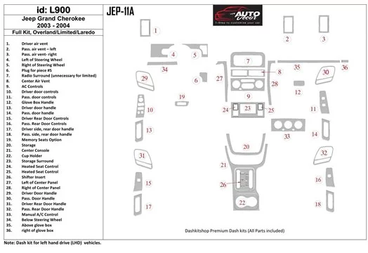 Jeep Grand Cherokee 2003-2004 Ensemble Complet, Overland, Limited, Laredo BD Kit la décoration du tableau de bord - 1 - habillag