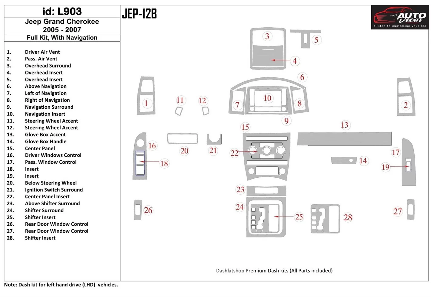 Jeep Grand Cherokee 2005-2007 Ensemble Complet, Avec NAVI BD Kit la décoration du tableau de bord - 1 - habillage decor de table