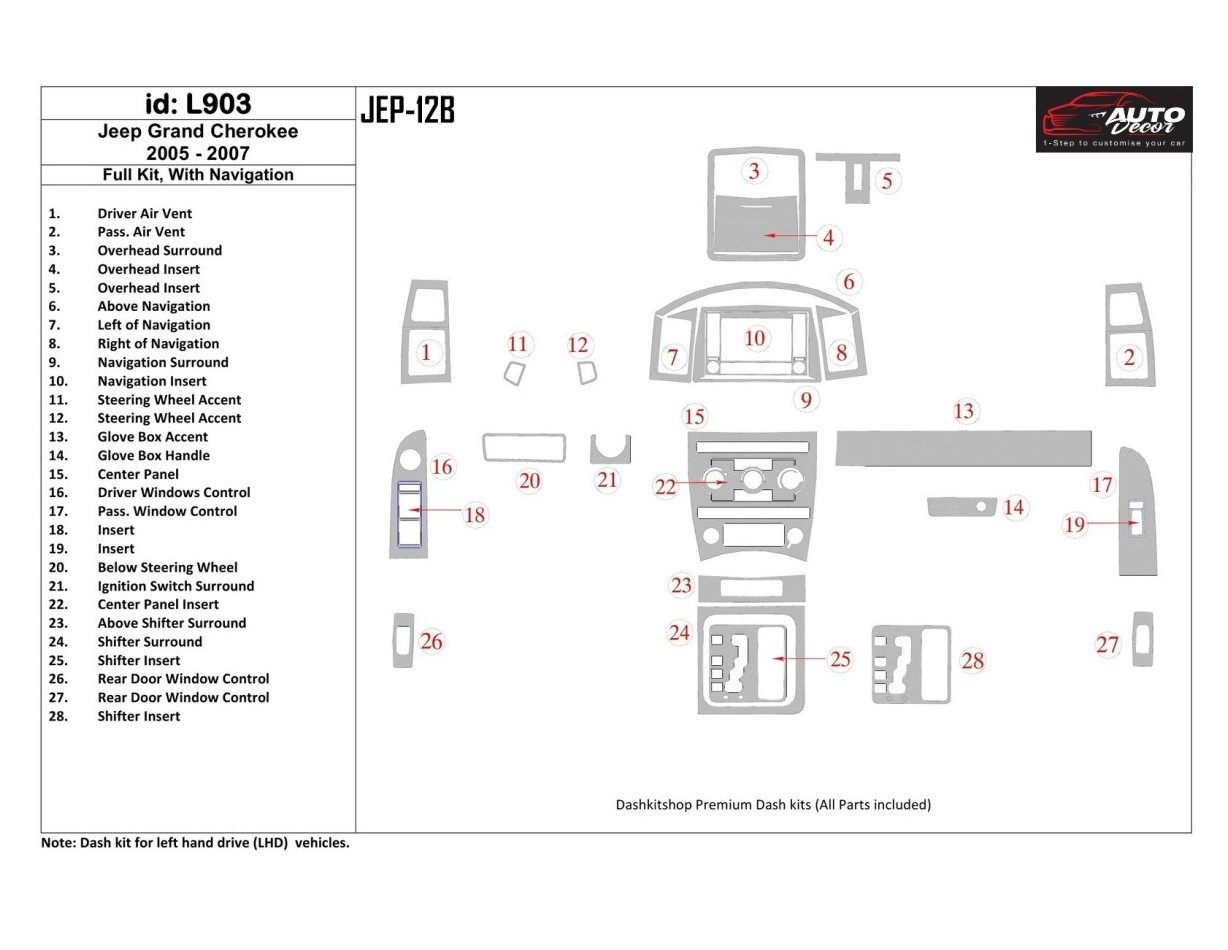 Jeep Grand Cherokee 2005-2007 Voll Satz, With NAVI BD innenausstattung armaturendekor cockpit dekor - 1- Cockpit Dekor Innenraum
