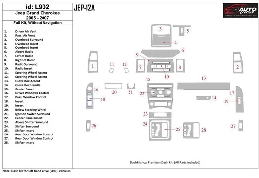 Jeep Grand Cherokee 2005-2007 Ensemble Complet, Sans NAVI BD Kit la décoration du tableau de bord - 1 - habillage decor de table