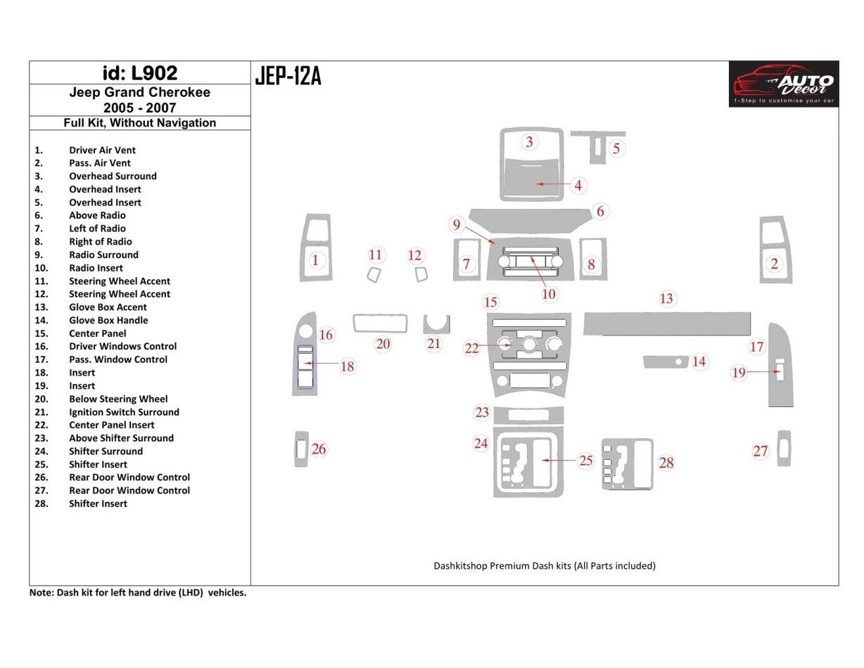 Jeep Grand Cherokee 2005-2007 Full Set, Without NAVI BD Interieur Dashboard Bekleding Volhouder