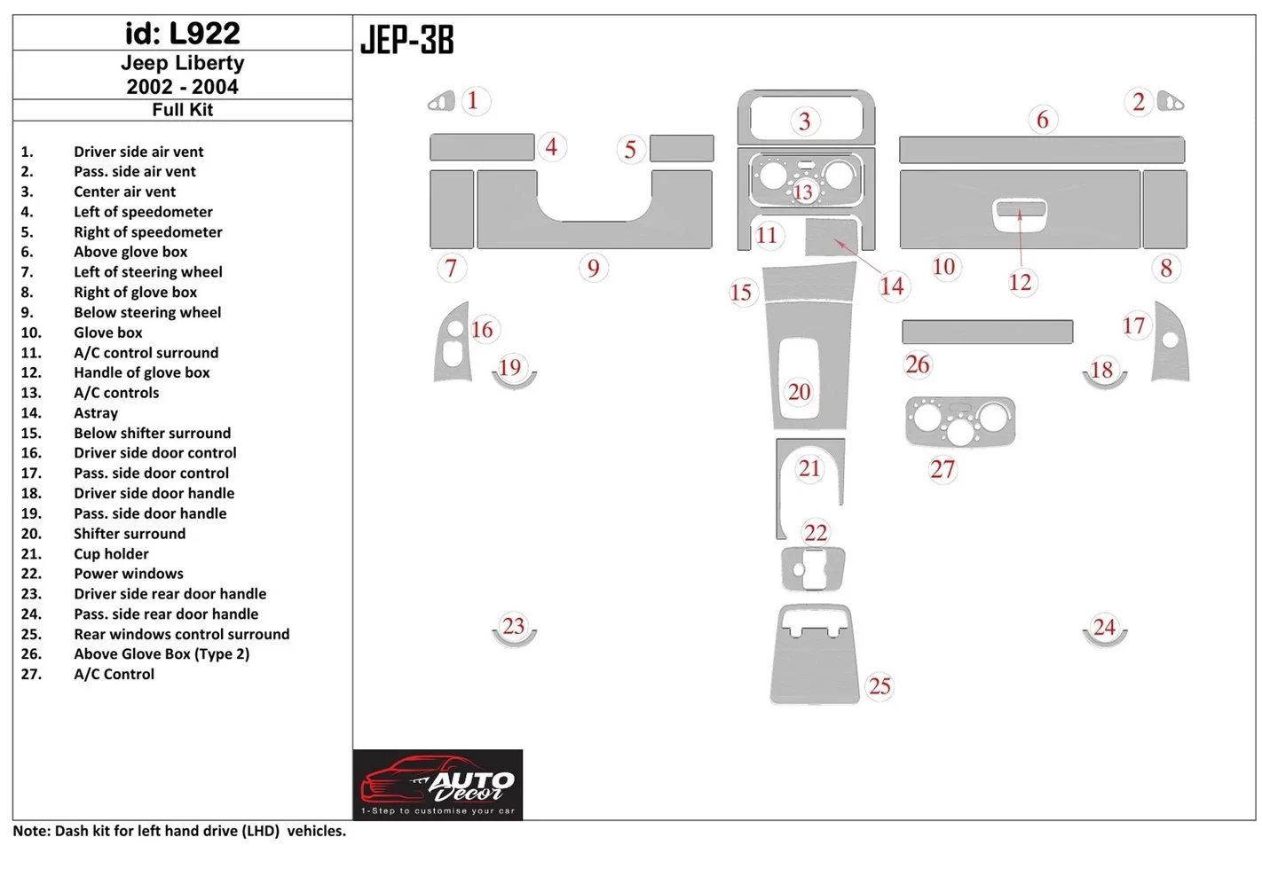 Jeep Liberty 2002-2004 Ensemble Complet BD Kit la décoration du tableau de bord - 1 - habillage decor de tableau de bord