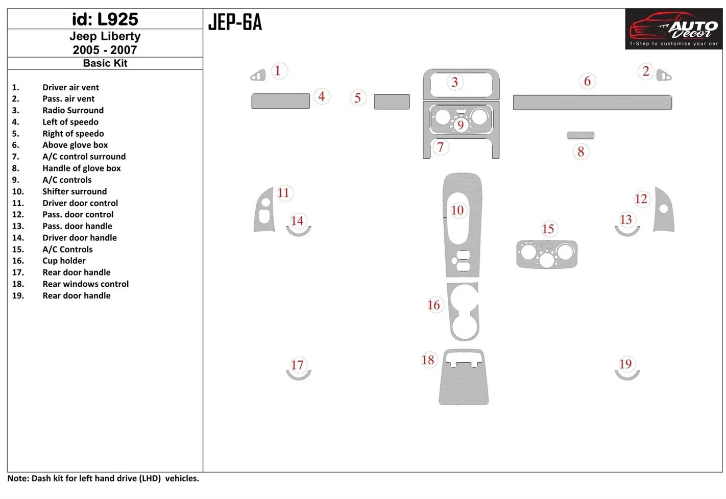 Jeep Liberty 2005-2007 Paquet de base BD Kit la décoration du tableau de bord - 1 - habillage decor de tableau de bord