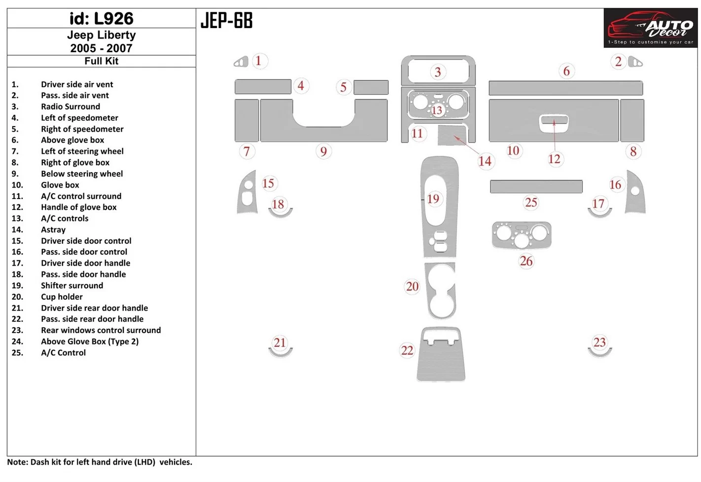 Jeep Liberty 2005-2007 Full Set BD Interieur Dashboard Bekleding Volhouder