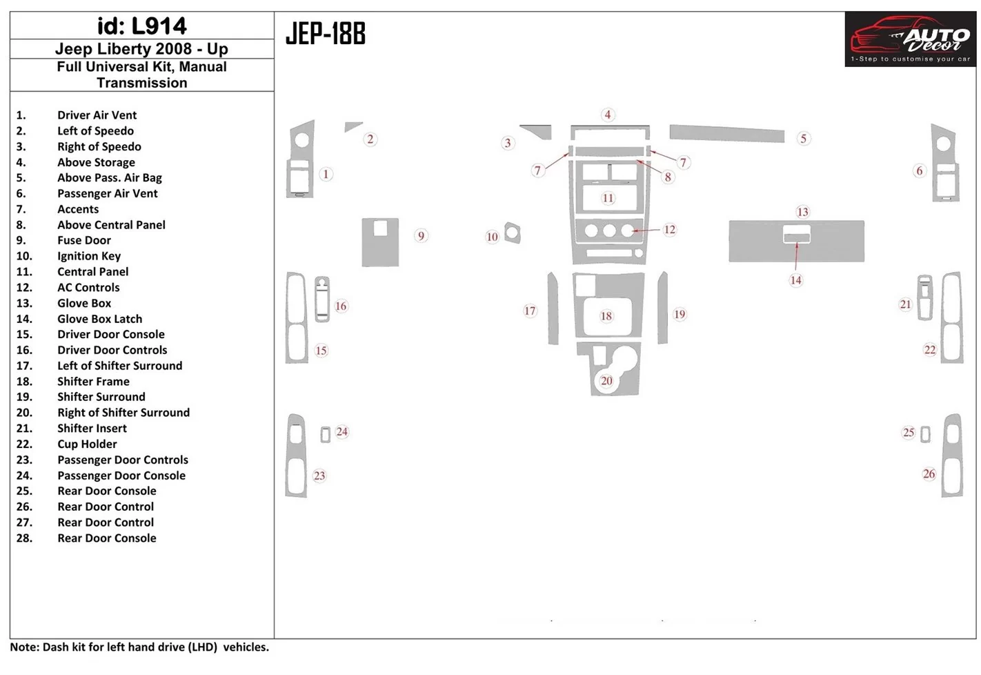 Jeep Liberty 2008-UP Full Universal Set, Manual Gear Box BD Interieur Dashboard Bekleding Volhouder