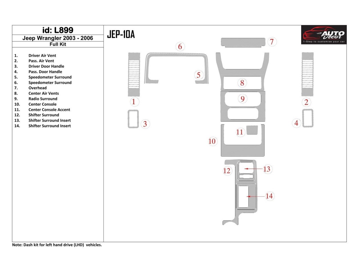 Jeep Wrangler 2003-2006 Ensemble Complet BD Kit la décoration du tableau de bord - 1 - habillage decor de tableau de bord