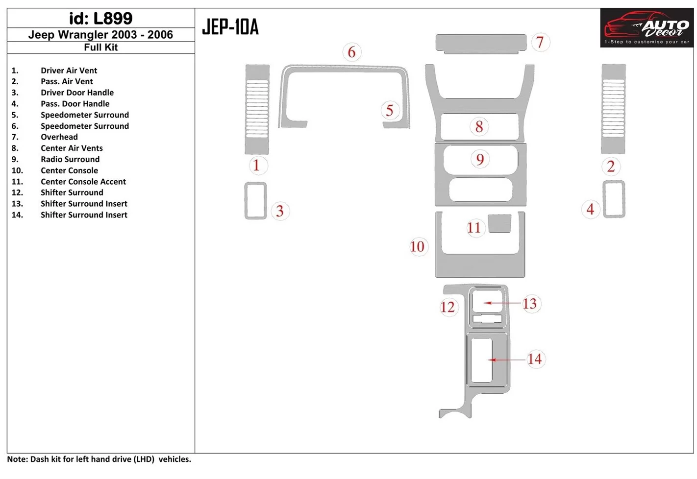 Jeep Wrangler 2003-2006 Full Set BD Interieur Dashboard Bekleding Volhouder