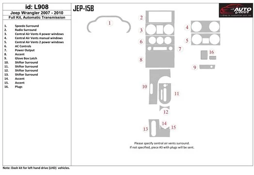 Jeep Wrangler 2007-2010 Full Set, Automatic Gear BD Interieur Dashboard Bekleding Volhouder